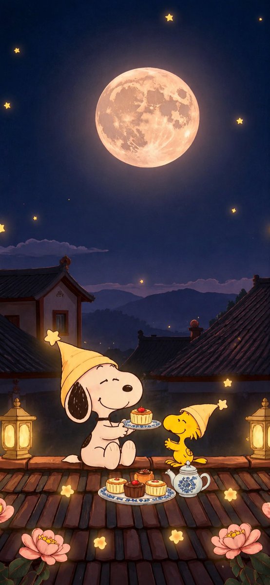 SnoopyWallpaper's tweet photo. Moonlit Rooftop Tea with Snoopy https://t.co/dbGC3nUFsS
