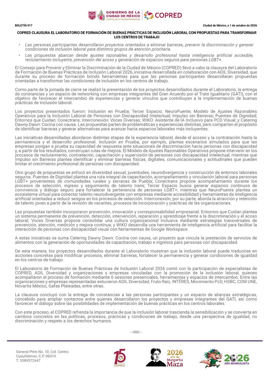 COPRED_CDMX's tweet photo. #Boletín 

🤝 El COPRED clausuró el Laboratorio de Formación de Buenas Prácticas de Inclusión Laboral, con propuestas para eliminar barreras, prevenir la discriminación y transformar los centros de trabajo. 💜

👉 https://t.co/9MS4AA6nea https://t.co/2ThrgMrmkn