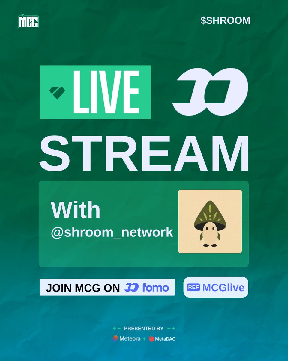 MCGlive's tweet photo. Tomorrow on MCG

$SHROOM | @shroom_network w/@0xcarnation 

📅Friday, 2nd October
🕛1:00PM EST
📍Tune in here

Stream powered by @fomo and @MetaDAOProject https://t.co/0Uiu1MWVKM