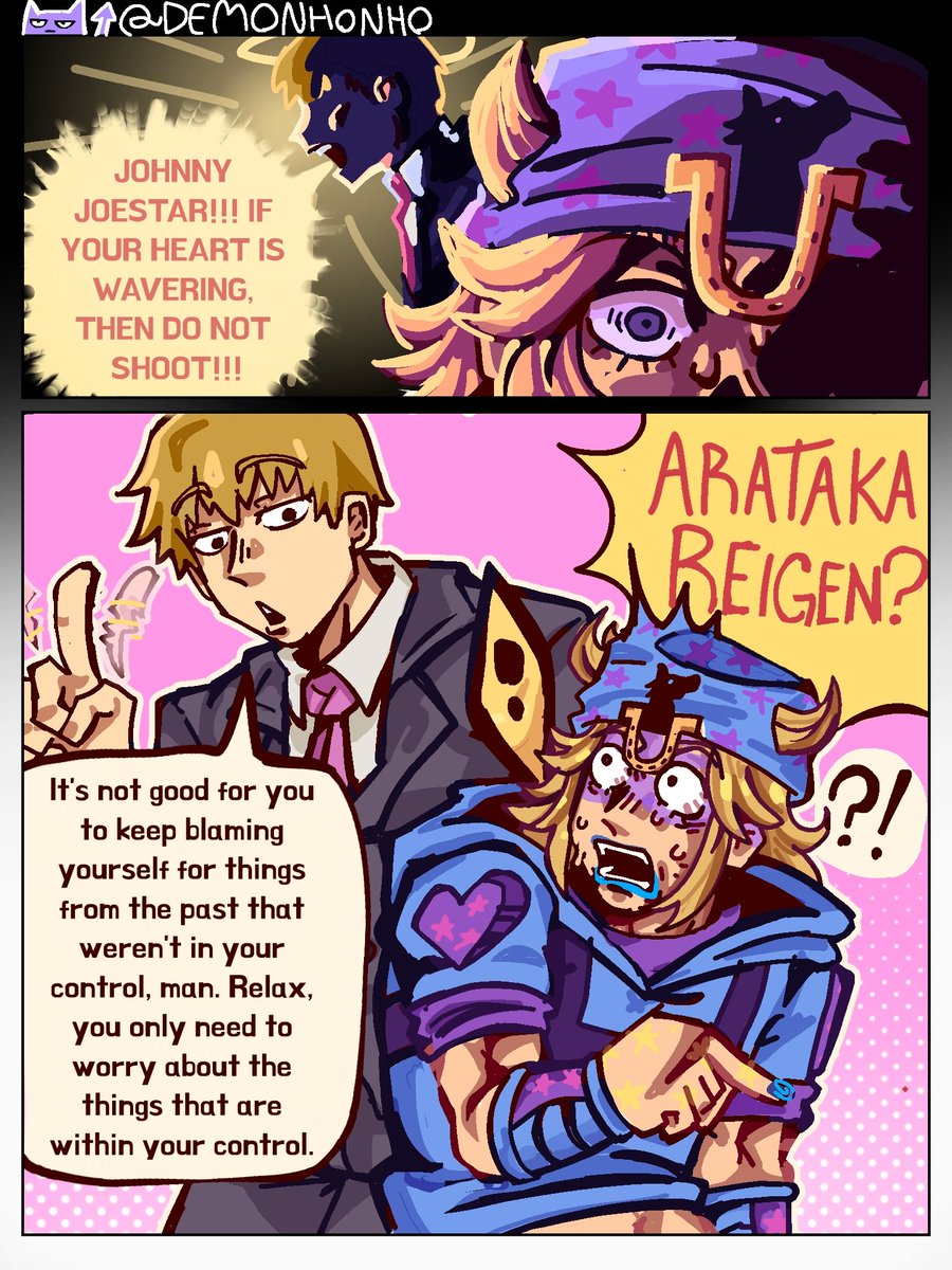 Demonhonho's tweet photo. This is a special move by Arataka Reigen!! "EMOTIONAL SUPPORT"
#Johnnyjoestar #aratakareigen #jojopart7 #jjba #mobpsycho100 https://t.co/LA44rsExoC