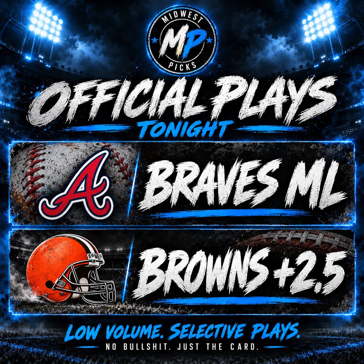 MidWestPick's tweet photo. 🚨 MIDWEST PICKS — OFFICIAL PLAYS 🚨

⚾ Braves ML
🏈 Browns +2.5

Two straight plays tonight. Let’s cash the card. 💰

LOW VOLUME. SELECTIVE PLAYS.
NO BULLSHIT. JUST THE CARD.

#MLB #NFL #MidwestPicks https://t.co/LIzC0ApfrY