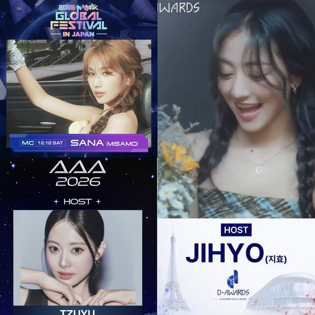 TwiceChartDatas's tweet photo. TWICE members upcoming host/mc schedules:

TZUYU - AAA 🇹🇼 (Dec 5)
SANA - Music Bank Japan Festival 🇯🇵 (Dec 12)
JIHYO - D Awards 🇫🇷 (Jan 15-16) https://t.co/Piofb5PfU7