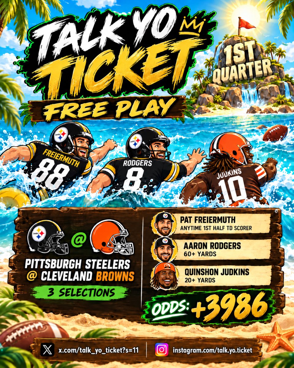 Talk_Yo_Ticket's tweet photo. AM SAID WE’RE NOT WAITING ON THE WHOLE GAME. 😈🔥

Steelers vs. Browns.
3 legs. +3986.

Freiermuth 1H TD
Rodgers 60+ pass yds
Judkins 20+ rush yds

Quick hit. Big number. First-quarter energy. 👀

Who’s riding with AM? 🔥

#TalkYoTicket #TNF https://t.co/27nWmW2WD7