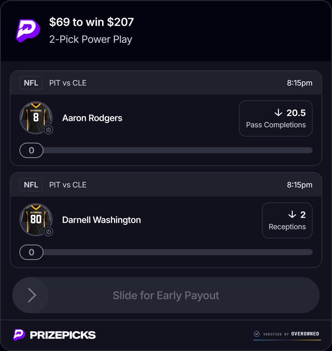 69aday69oneday's tweet photo. SPONSORED BY @OverOwnedDFS

$69 TO WIN $207 | DOUBLE UNDER IN THE STEELERS BROWNS SHOWDOWN TONIGHT.

#PrizePicks #NFL #Football #PlayerProps #SportsBetting https://t.co/6iEts4cEKP