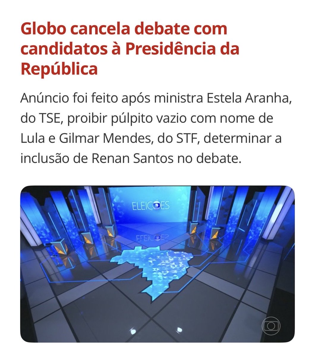 fabifbbr's tweet photo. Rede Globo cancela debate por interferência do judiciário. https://t.co/2990MeVYgN