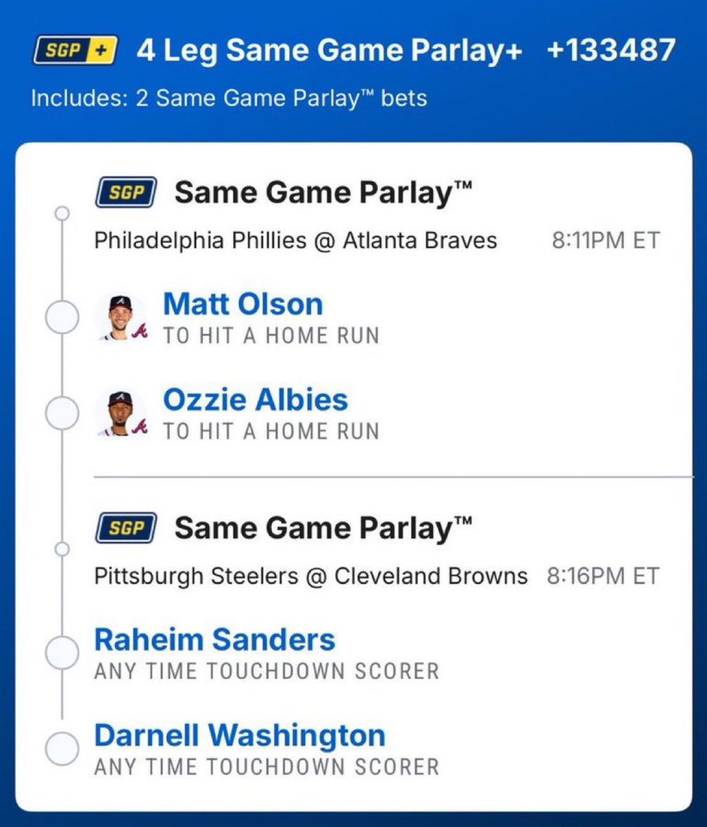 Denise_builder's tweet photo. 🔥 4-LEG SAME GAME PARLAY+ — +133487

⚾ Matt Olson — To Hit a Home Run
⚾ Ozzie Albies — To Hit a Home Run
🏈 Raheim Sanders — Anytime Touchdown Scorer
🏈 Darnell Washington — Anytime Touchdown Scorer

#MLB #NFL #SameGameParlay #ParlayPicks #BettingPicks #SportsBetting #HomeRun #Touchdown  #MLBParlay #NFLBetting #DavisParlay