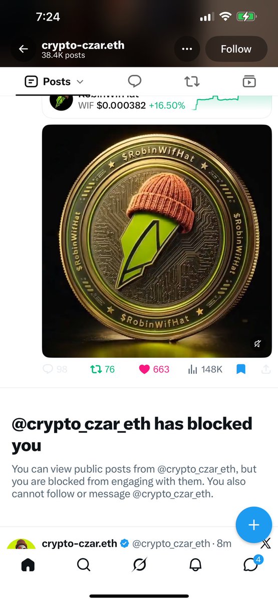 realflecks's tweet photo. Cute, the mighty Crypto Czar has blocked me.. 

I supported this dude with heavy bags (held over 1% of $wif, 40 outlaws at one point) for well over a month while he did almost zero for his own project..

He claimed rewards this and that and basically made his version of Stonkbrokers since it has a token, supposed rewards, launchpad etc.

Checked what my 40 outlaws rewards were after almost 40 days of holding.

0.02 eth total!!

Translation - less than $2 per nft held, not even $.05 a day, not even worth gas to claim

Meanwhile he launched multiple rugs on his platform that did zero to benefit his holders.  Not a dime of rewards earned.  

Incessantly tweeted about Squink which was an identical version of Robinwifhat on ink chain, token, launchpad etc, bought over 20% of the supply while his own project bled over 90%

This is not just poor management, it’s elementary level.. you hyped up your own project as the next best rewards platform with the constant “these will be expensive soon” “wait for my next tweet” tweets and delivered barely over zero rewards.

People will say no crying in the casino..  I get it and agree…

But, when the pit boss says he has a guaranteed stack of chips waiting for you, you probably stay at the table..  then, when the pit boss tells you to f*ck off and that he has nothing for you and kicks you out of the casino for expressing concerns, you realize he is just a pussy trying to steal hard earned money..

Once a grifter and scammer, always a grifter and scammer.. 

Be careful following any calls he makes bc the last 4,5,6 or so ended up nuking or rugging..

We were told we were low IQ for selling and not minting his last launch… it’s at $2…

You’ve been warned..

The last calls he has made below… all below $10… the reserve not pictured also at $4…