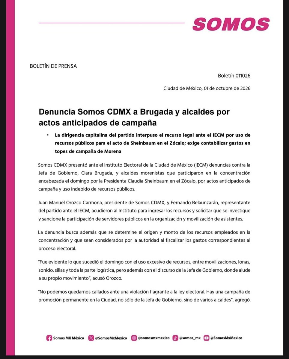 somosmx_cdmx's tweet photo. Hoy Denunciamos formalmente ante el IECM a Clara Brugada y a alcaldes de Morena por actos anticipados de campaña y uso indebido de recursos públicos en el Zócalo.

​Exigimos una investigación a fondo y que estos gastos se contabilicen en sus topes de campaña. 📄👇
#SomosCDMX https://t.co/UfvV9efNuu