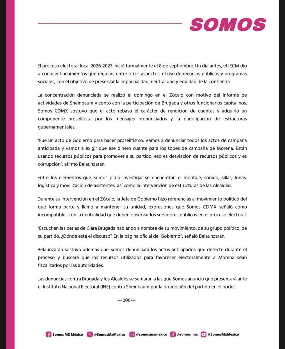 somosmx_cdmx's tweet photo. Hoy Denunciamos formalmente ante el IECM a Clara Brugada y a alcaldes de Morena por actos anticipados de campaña y uso indebido de recursos públicos en el Zócalo.

​Exigimos una investigación a fondo y que estos gastos se contabilicen en sus topes de campaña. 📄👇
#SomosCDMX https://t.co/UfvV9efNuu