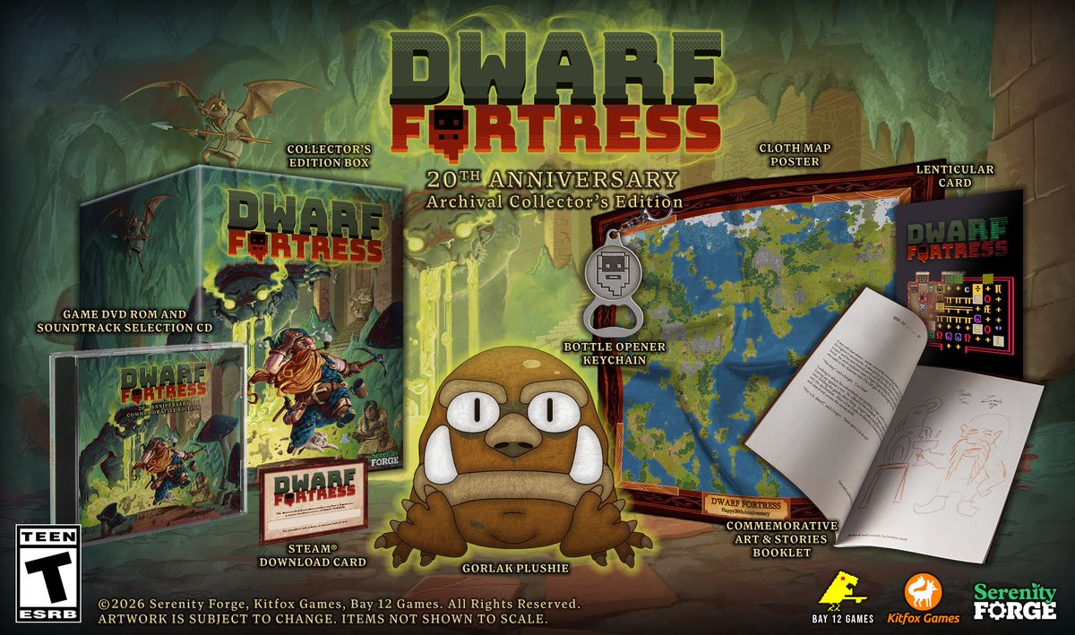 SerenityForge's tweet photo. We’re just ONE week away!! 🎉

The Dwarf Fortress 20th Anniversary Archival Collector’s Edition hits store shelves this October 8th, packed with premium Dwarven goodies!

🔵 VGP: https://t.co/E6f8fCGIpR

🟠 Amazon: https://t.co/7JyEy0Q7Vy https://t.co/fBztKyF2RR