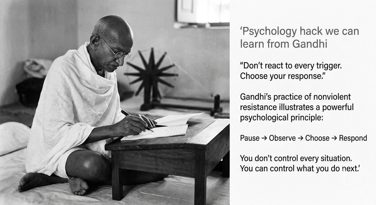 raajiiiv's tweet photo. Psychology hack from Gandhi

Don’t react to every trigger. Choose your response.

Gandhi’s practice of nonviolent resistance illustrates a powerful psychological principle:

Pause → Observe → Choose → Respond

You don’t control every situation.
You can control what you do next https://t.co/jqqVwi0q9k
