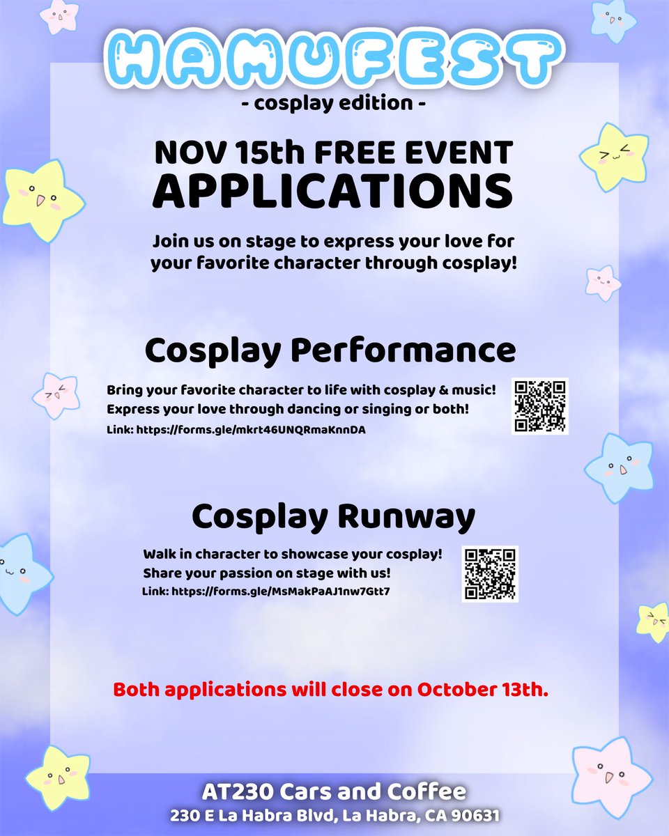 hamu_cotton's tweet photo. APPLICATIONS ARE OPEN!!
Come join us on November 15th to share, learn, and enjoy cosplays with everyone!
Runway Application Link: https://t.co/kTT78Rd9iF
Performance Application Link: https://t.co/nwEuFs4LVQ
#hamufest #animeevent #cosplayevent #hamucotton https://t.co/YgSF2xga92
