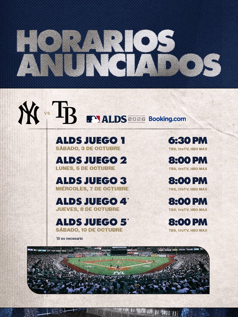 Yankees_Beisbol's tweet photo. ¡Marquen sus calendarios! Los horarios para la Serie Divisional han sido anunciados 📆

🎟️ https://t.co/WXogFwlIW7 https://t.co/CtVVq6ALeD