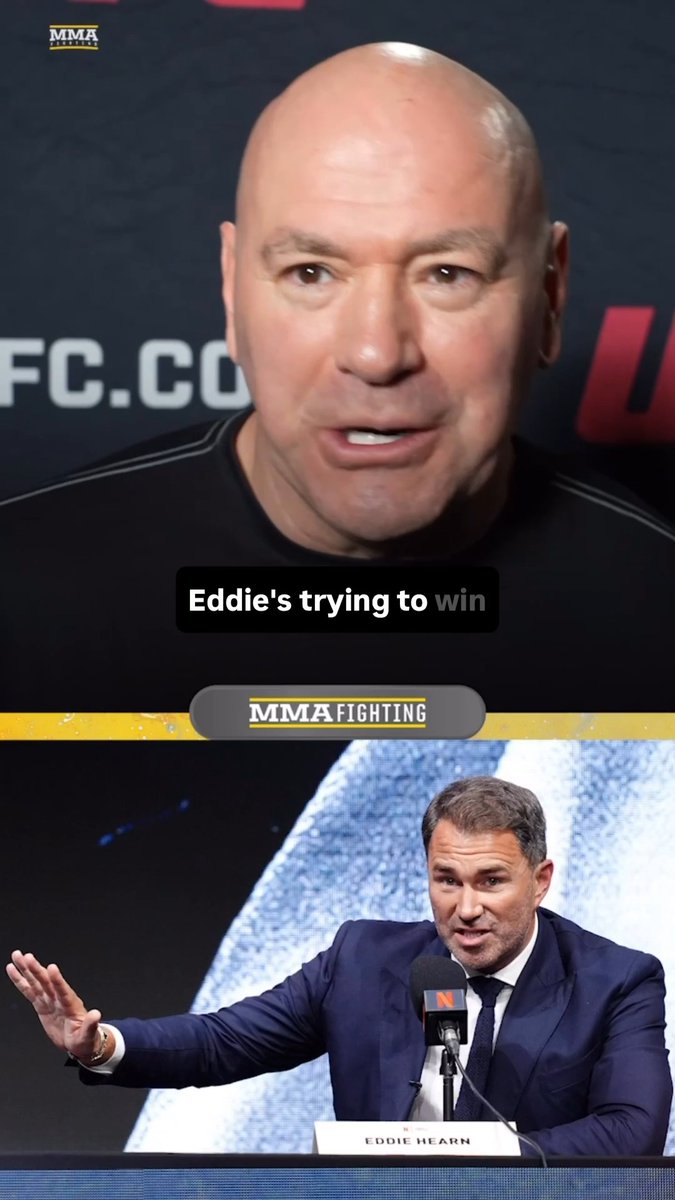 The image shows a split-screen featuring Dana White (top) and Eddie Hearn (bottom), with a text overlay reading "Eddie's trying to win" and an "MMA FIGHTING" logo. The accompanying post highlights Dana White's strong criticism of Eddie Hearn's "delusional" victory comments made at the Fury vs. Joshua press conference, capturing the heated rivalry between the two prominent MMA and boxing promoters.