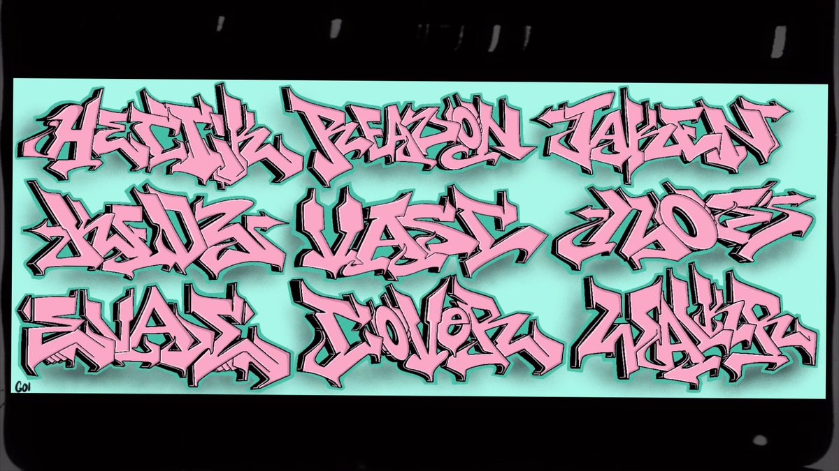 Pink graffiti-style lettering on a teal background displaying the phrase 'HEALTH BENEFIT, EVERY QUESTION, KNOWS ITS BEST NOT, FINAL ANSWERS', seemingly in a stylized graffiti alphabet with 'G01' in the corner.