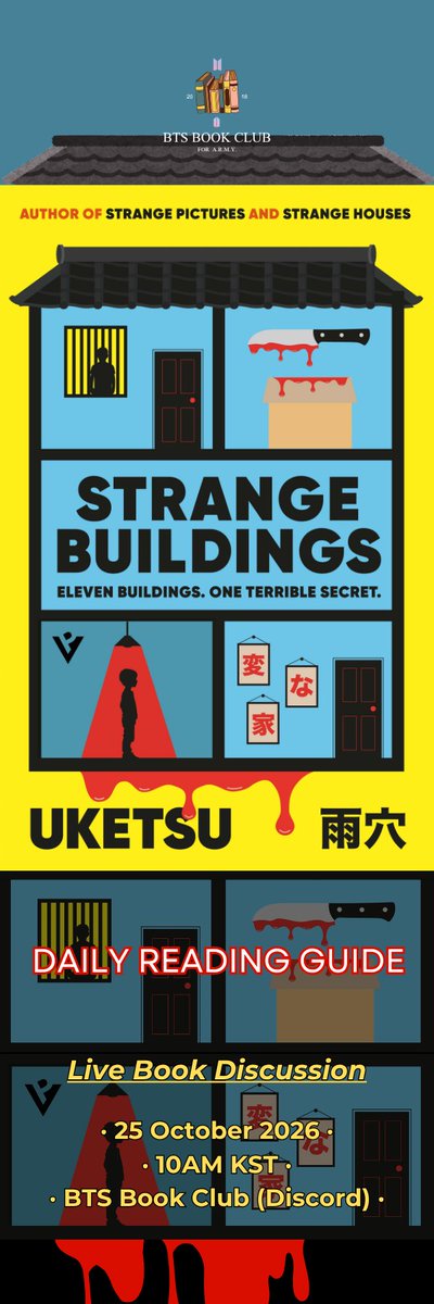BTSBookClub_twt's tweet photo. Happy October! We're reading Uketsu's Strange Buildings for the month so here's the reading guideβ¨
Want to join the upcoming live discussion for this? Check out https://t.co/T52NoGF69O
ππ±
#BTSBookClub #BTSARMY https://t.co/ZVTxEEicVa