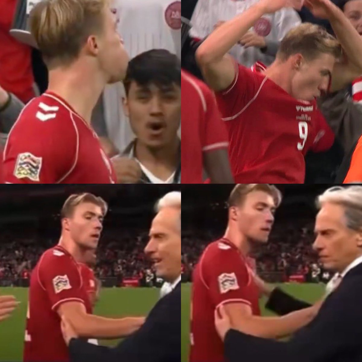 Juezcentral's tweet photo. Tenemos que hablar de estas escenas hoy en Dinamarca-Portugal. Rasmud Højlund anota y rinde homenaje a Cristiano Ronaldo con su SIUUUU.

Luego, al final del partido, Jorge Jesus, DT de Portugal, fue a abrazarlo y Rasmus lo rechaza poniéndole la mano en el pecho. Esto se da justo cuando Cristiano abandonó la concentración de Portugal al sentirse traicionado por Jesus.

Rasmus siempre ha dicho que se inspiró en Cristiano Ronaldo al convertirse en futbolista y estos gestos son apoyo total hacia él. Este es el verdadero BichoLover.