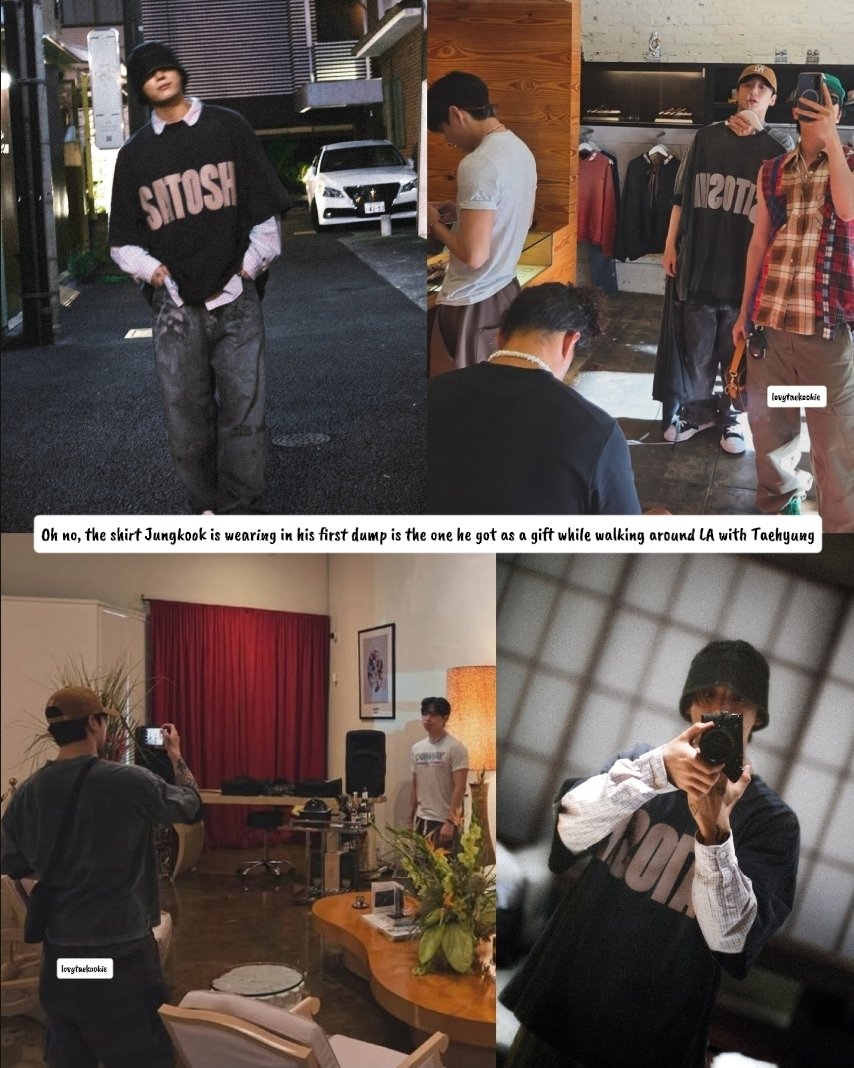 Tativkookie's tweet photo. Oh no, the shirt Jungkook is wearing in his first dump is the one he got as a gift while walking around LA with Taehyung 😩 https://t.co/NvJswr35wv