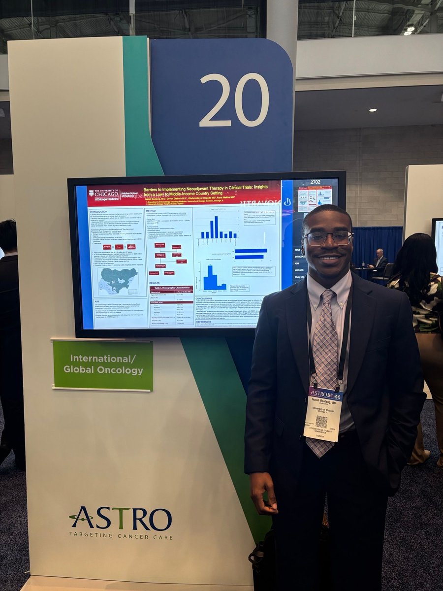 UCCancerCenter's tweet photo. At #ASTRO26, Isaiah Boateng, BS, presented on radiotherapy feasibility for HER2+ breast cancer patients in Nigeria. Despite 2-3  hr travel times, treatment stayed on schedule, with 94% citing trial-funded care as key to overcoming cost barriers. @IsaiahKBoateng @UChicagoRadonc https://t.co/aXjIBuxaiO
