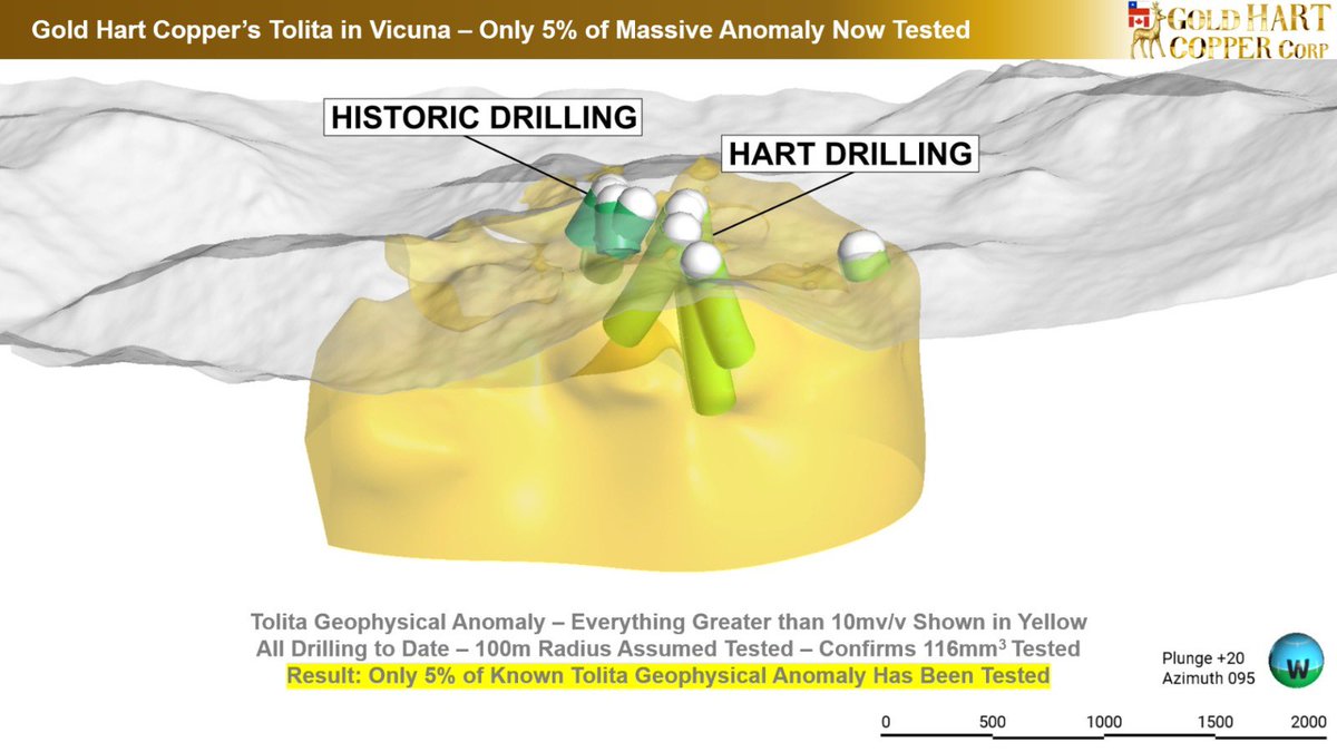 Drcopper's tweet photo. We expected this drill hole to be lacklustre at best, it came back with 340m of mineralization beginning right at surface (0.00m).

Sometimes it takes the market time to appreciate the fact that — while we haven’t hit Filo-041 — we’ve hit gold & copper porphyry in every hole to date. 

Tolita has a bright future as a highly prospective potential porphyry in the Vicuña District. In fact I’d pit Tolita’s first 4 diamond holes against any nearby deposit’s first 4 holes! And only 5% of its massive anomaly has been tested.

Lundin controls the only operating mine in the district, Caserones, mining 0.3% copper with no gold credits. Which just proves how incredible open pit mining at scale can be. 

https://t.co/jmK6ZU2A1c

@goldhartcopper @Mine_pathfinder @GoldGeology