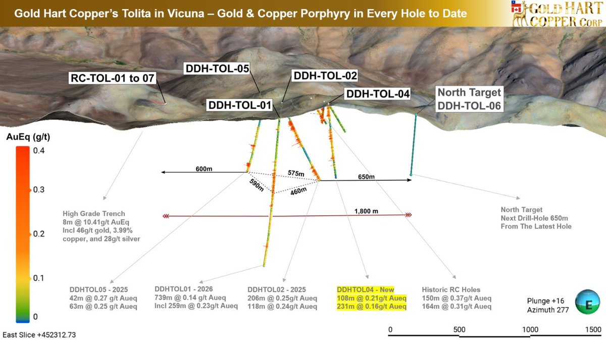Drcopper's tweet photo. We expected this drill hole to be lacklustre at best, it came back with 340m of mineralization beginning right at surface (0.00m).

Sometimes it takes the market time to appreciate the fact that — while we haven’t hit Filo-041 — we’ve hit gold & copper porphyry in every hole to date. 

Tolita has a bright future as a highly prospective potential porphyry in the Vicuña District. In fact I’d pit Tolita’s first 4 diamond holes against any nearby deposit’s first 4 holes! And only 5% of its massive anomaly has been tested.

Lundin controls the only operating mine in the district, Caserones, mining 0.3% copper with no gold credits. Which just proves how incredible open pit mining at scale can be. 

https://t.co/jmK6ZU2A1c

@goldhartcopper @Mine_pathfinder @GoldGeology