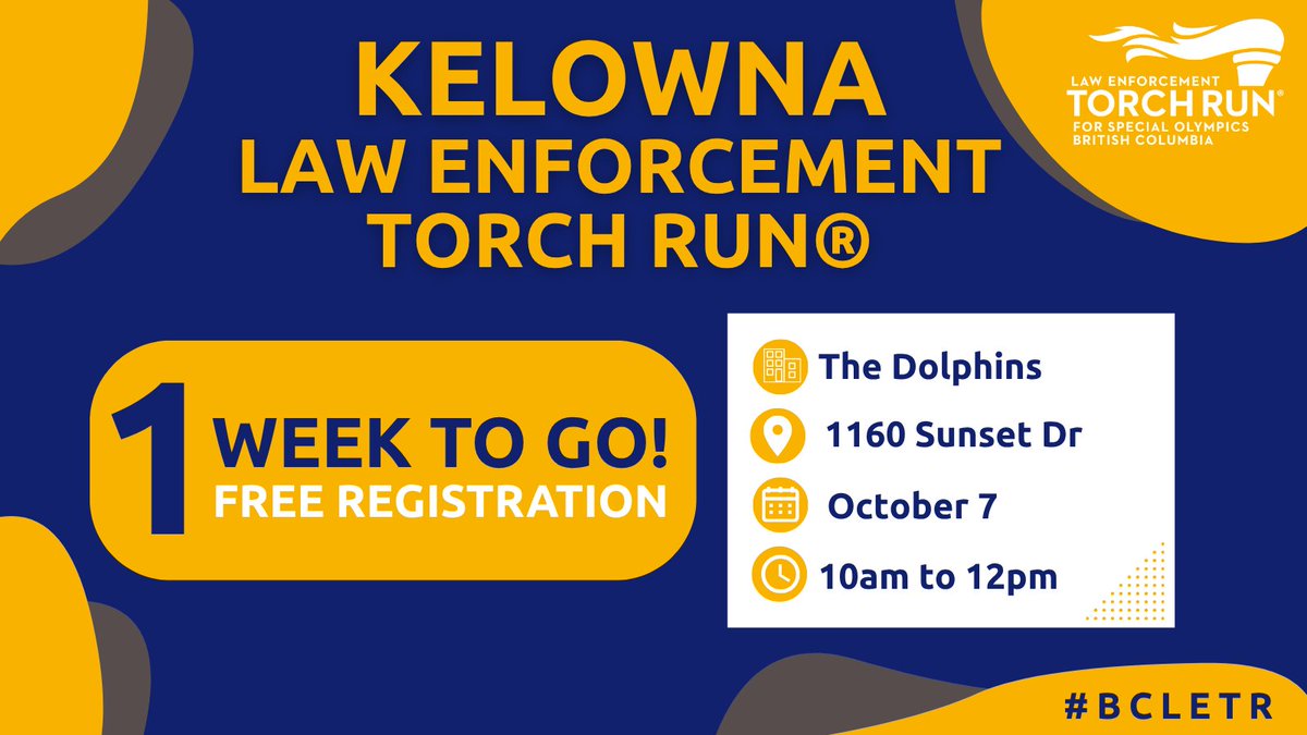 BCLETR's tweet photo. ⏰ The #Kelowna Law Enforcement Torch Run® takes place in one week!  👟 Join this fun and inclusive event in support of @SpecialOBC athletes!   

👉 Registration and event info: https://t.co/UxEAgimQkg

#BCLETR #LETRforSO #ChooseToInclude https://t.co/0NyeqM581A