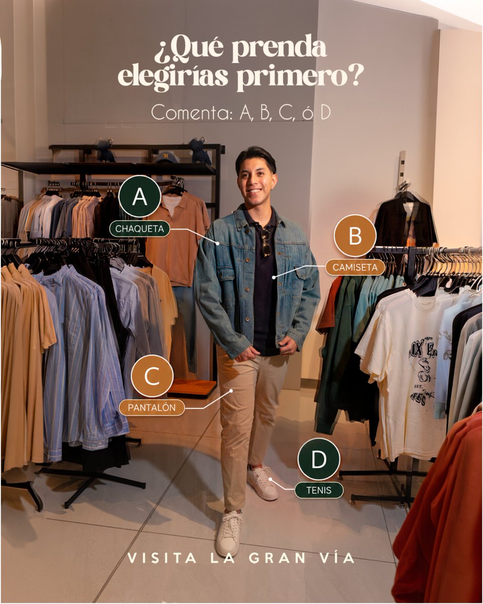 LAGRANVIASV's tweet photo. El look perfecto comienza con una elección. 👕✨

Encuentra prendas para renovar tu estilo en @almacenessimansv de La Gran Vía.
¿Qué elegirías primero: A, B, C o D? Te leemos en los comentarios. 👇

#LaGranVía #YaEsParteDeTi #Siman #ModaMasculina https://t.co/bXF4ohcJae