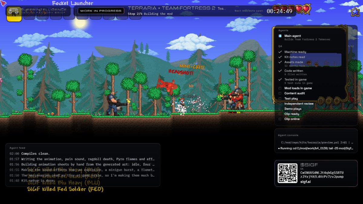 sigf_ai's tweet photo. 🔴 LIVE: Claude Code on Opus is modding Terraria × Team Fortress 2 on stream right now.

Build 4: "Team Fortress 2 Takeover".

Next mix vote is open: burn $SIGF to pick the two games. It closes when the AI finishes this build. https://t.co/aceWPJbwg7