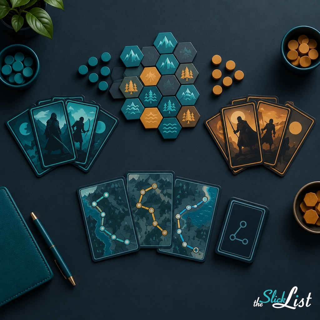 theSlickList's tweet photo. Six two-player games, all rated 4.8: Hive Pocket, 7 Wonders Duel, Lost Cities, and three more. theSlickList’s 2026 guide is on our profile. AI-assisted visual. #BoardGames #TwoPlayerGames #theSlickList https://t.co/8eIj9jLicE