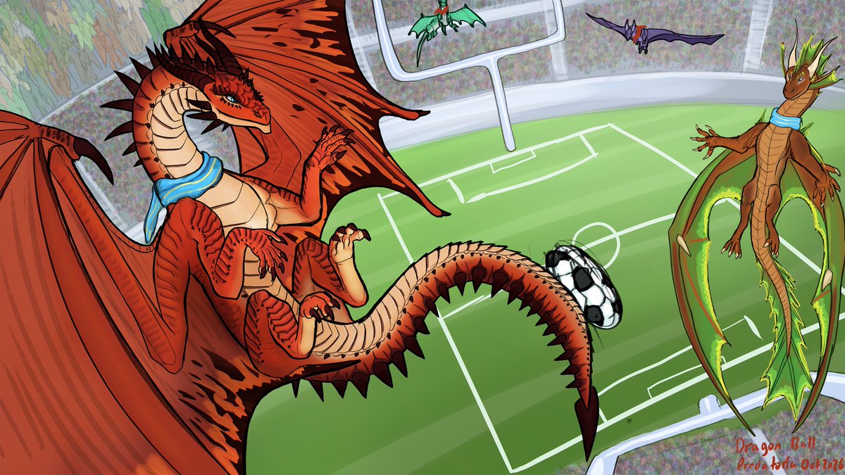 PredatoriaED's tweet photo. I drew dragons playing what I consider to be proper dragon ball.  This takes place in the same city as the dragon who wore the tie commuting to work, and as the dragon firefighter. https://t.co/3quSH1Ohti