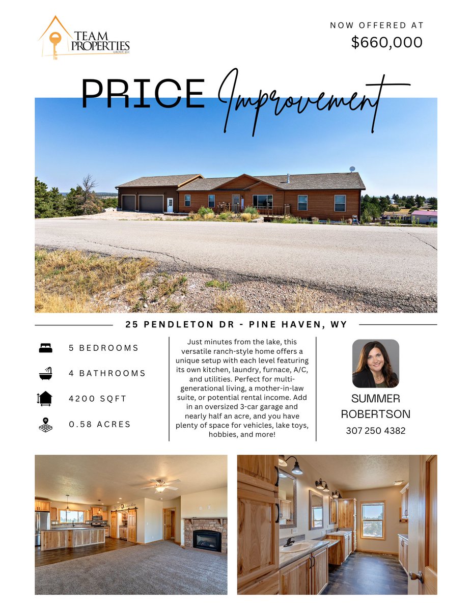 SRteamTPG's tweet photo. NOW $660,000! Flexible living in #PineHavenWY! Self-sustaining living space - possibilities for #multigenerationalliving or potential rental income! Minutes from the lake! 25 Pendleton Dr 👉 https://t.co/k82w9qM9cW

Summer Robertson, Team Properties Group, 307.250.4382 https://t.co/foHW2DwVHy