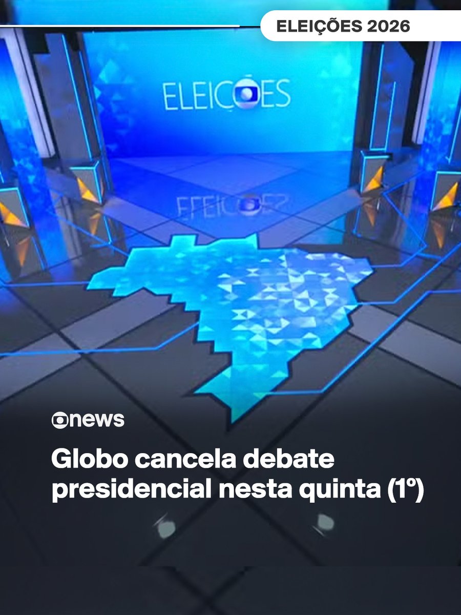 GloboNews's tweet photo. A Globo cancelou o debate presidencial que seria realizado nesta quinta-feira (1º), após receber duas intimações judiciais, uma do TSE e outra do STF, com determinações sobre a participação de candidatos e as regras do encontro. Saiba mais: https://t.co/DQja72Nos4
➡ Assista à #GloboNews ao vivo: https://t.co/mgnXyoxVcw
➡️ #EmPauta - de segunda a sexta, às 20h, na #GloboNews. Assista na TV e no #globoplay
#Eleições2026 #debate