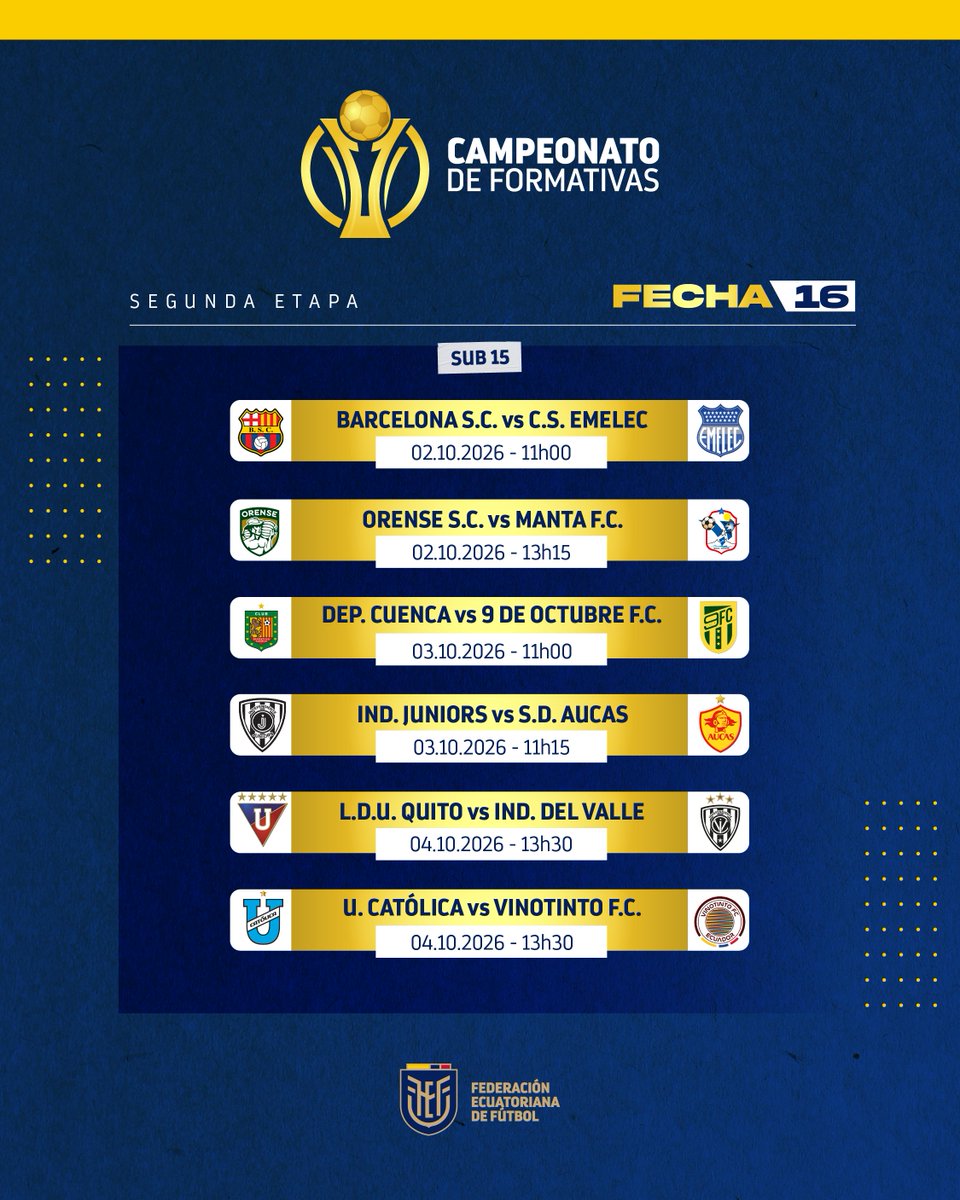 FEFecuador's tweet photo. 🗓️ Programación de los Campeonatos Nacionales de Categorías Formativas.

Fecha 16 | Sub 13 y Sub 15
Fecha 22 | Sub 17 y Sub 19

#FEF 🇪🇨 https://t.co/3wSKig64wb