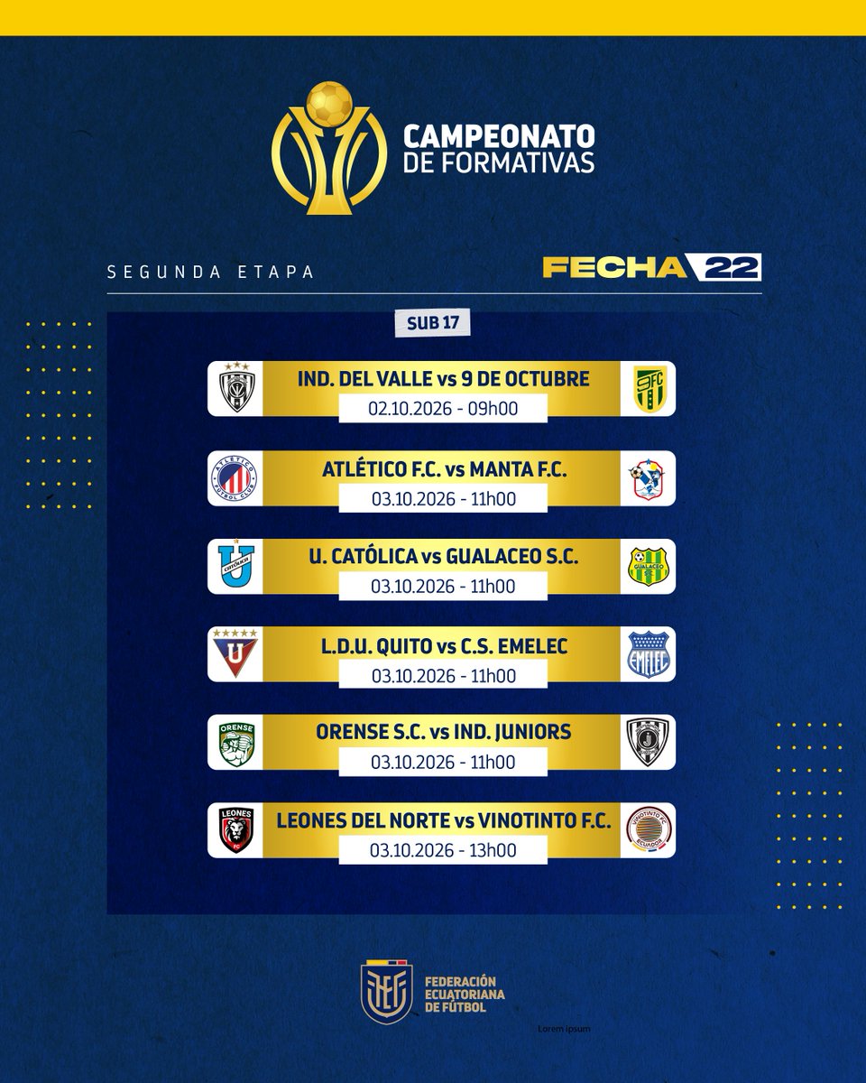 FEFecuador's tweet photo. 🗓️ Programación de los Campeonatos Nacionales de Categorías Formativas.

Fecha 16 | Sub 13 y Sub 15
Fecha 22 | Sub 17 y Sub 19

#FEF 🇪🇨 https://t.co/3wSKig64wb