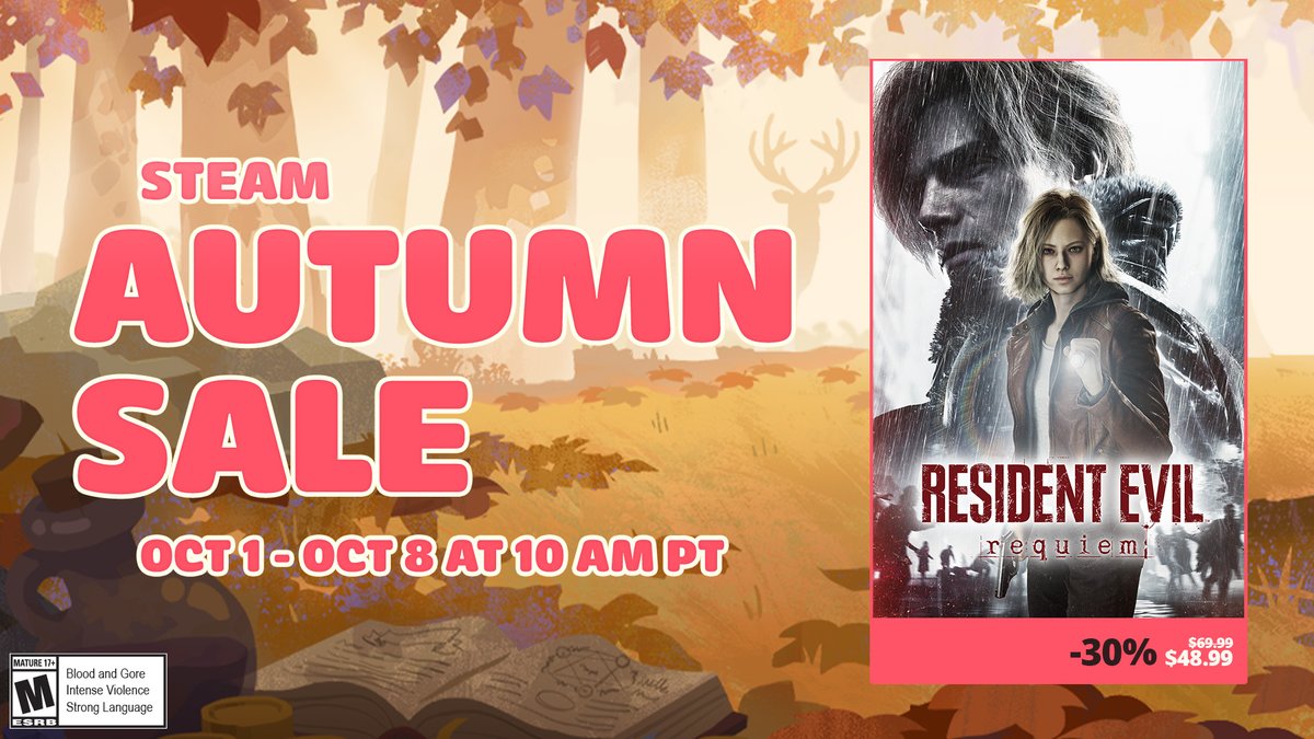 CapcomUSA_'s tweet photo. It's the month of horror, so gather around during the Steam Autumn Sale and pick up a bone-chilling experience with Resident Evil Requiem at up to 30% off! Return to Raccoon City and uncover more secrets today!

🌿 https://t.co/feaNJEuakG https://t.co/ea7po393Go