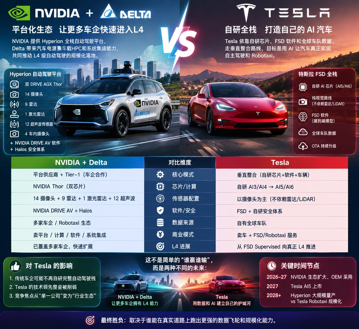 TinyLumen's tweet photo. NVIDIA加速L4标准化
Delta强化量产落地
Tesla自研路线受竞争
2027–28年决定性更强

NVIDIA 正在把 L4 自动驾驶做成一套可以由传统车企/Tier-1 快速采购和集成的标准化平台。 这与 Tesla 自研的路线存在明显的技术路线竞争。 https://t.co/eUiCASKDeC