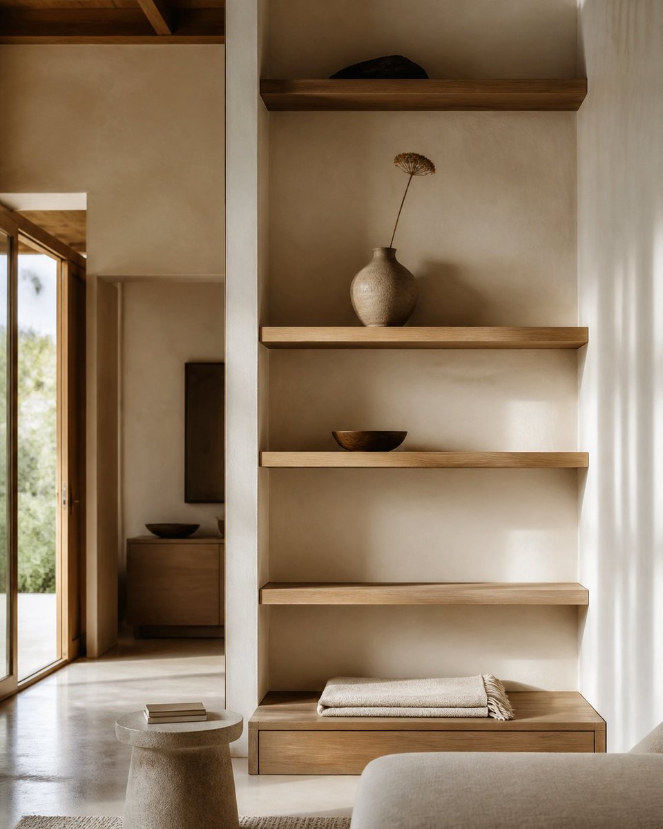 CarleenHeckert's tweet photo. Small room, smarter storage: wall-mounted shelves free up floor space and draw the eye upward. Tip: match shelves to the wall color for a seamless look. #HomeStaging https://t.co/SAeYwMwir4