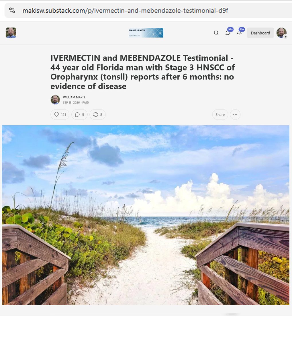 MakisMedicine's tweet photo. NEW ARTICLE: IVERMECTIN and MEBENDAZOLE Testimonial - 44 year old Florida man with Stage 3 HNSCC of Oropharynx (tonsil) reports after 6 months: no evidence of disease

So many success stories in Florida! 😃

44 year old Florida man with Stage 3 HNSCC of Oropharynx (tonsil)

In February 2026 he started:

Ivermectin 50mg/day
Mebendazole 500mg/day

Had surgery in late Feb.2026

Currently as of 6 months after starting Ivermectin: Cancer Free

The goal of repurposed drugs in these situations is to eliminate any residual disease and prevent the cancer from coming back.

This has been documented in a number of cancers known for their recurrences:
- Head and Neck cancers
- Skin cancers
- Bladder Cancers
- Brain tumors (glioblastomas)

There are currently 6 Clinical Trials with Ivermectin in Cancer and 7 Clinical Trials with Mebendazole in Cancer.

I am working extremely hard to ensure the number of Clinical Trials goes UP. 🙏

FLORIDA will soon become the global HUB of cutting edge Cancer Research! 🔬
