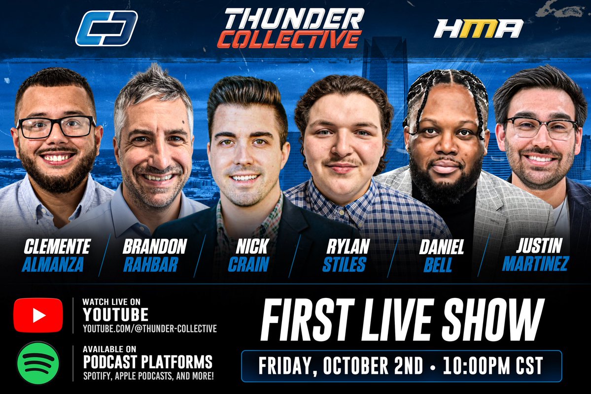 BasketballGuruD's tweet photo. Some exciting new stuff happening!

Myself, @BrandonRahbar, @Rylan_Stiles, @CAlmanza1007, @Justintohoops, & @CrainNBA are starting a new show called ‘Thunder Collective’ and our debut live show is tmw!

Two weekly shows giving you guys unique Thunder coverage!

Follow @ThunderHMA and sub to the YouTube page to stay locked in!
https://t.co/UF36dmDv9o