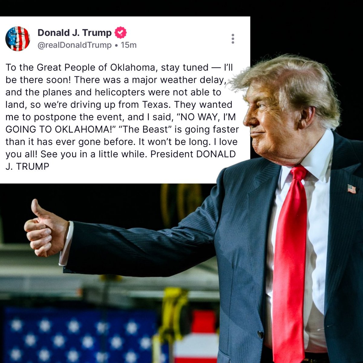 BrandieWithABee's tweet photo. This man is flying and driving all over the country, come rain or shine, to help Save America from the clutches of the commies. All you have to do it show up in Nov and vote. There is no excuse. https://t.co/uv3Ed3XWZO