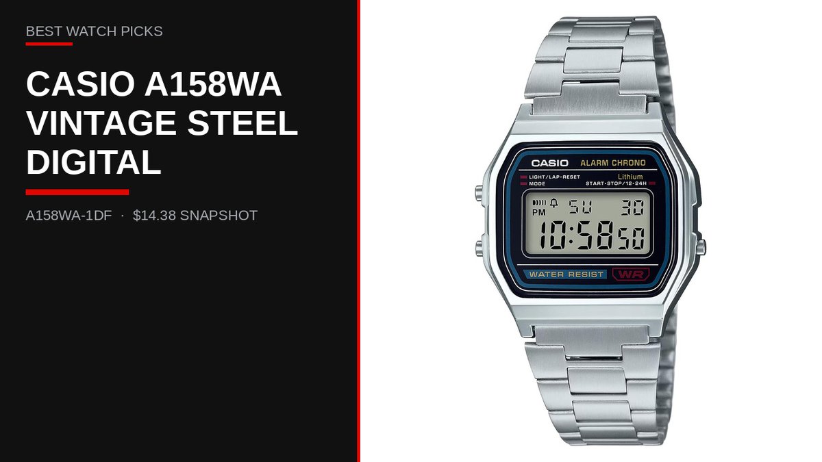 bestwatchpicks's tweet photo. Casio A158WA-1DF Silver — vintage steel-bracelet digi under $15. Live Amazon US 1 Oct 2026: $14.38 (list $29.95; ~52% savings), Available to ship in 1–2 days, 4.6★ from 58,711. https://t.co/gMtSIKX7aJ buy-box — confirm live. Affiliate. https://t.co/XrmP74awnM https://t.co/XiBhItWNZi