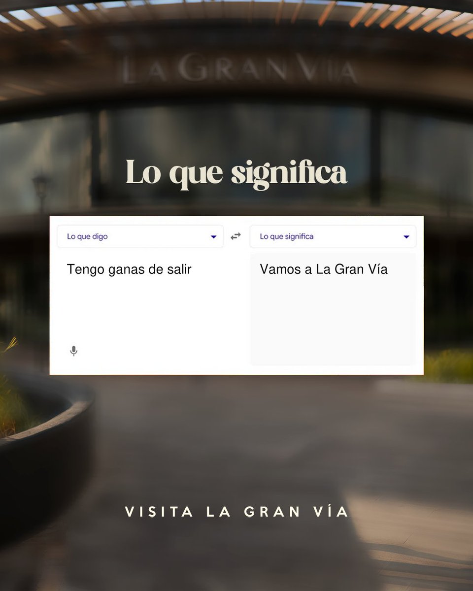 LAGRANVIASV's tweet photo. Hay frases que no necesitan traducción…

“Tengo ganas de salir” = “Vamos a La Gran Vía” ✨

Ahora te toca a ti: ¿qué otra frase traducirías como “Vamos a La Gran Vía”? 👀
Te leemos en los comentarios. 👇 https://t.co/HS5B8D5hrS