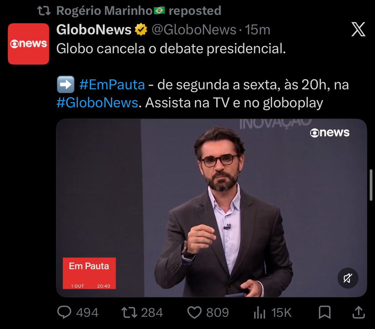 BolsonaroSP's tweet photo. Globo acaba de cancelar o debate presidencial de maior audiência da TV. Tudo graças a um judiciário interventor, à "ala da força do STF". https://t.co/JSWuXyN7FJ