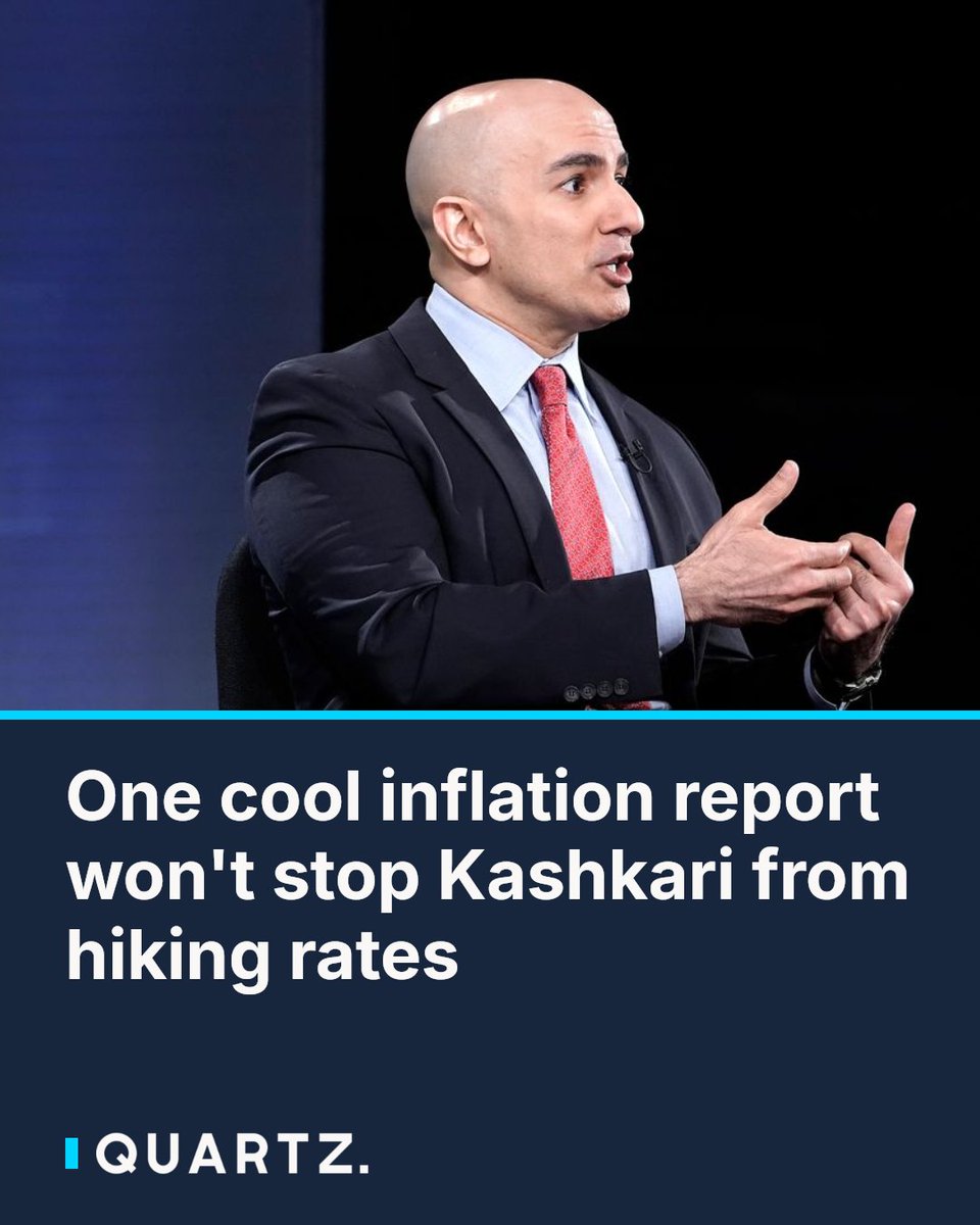 qz's tweet photo. One cool inflation report won't stop Kashkari from hiking rates: Minneapolis Fed President Neel Kashkari says inflation is still too high — and a better-than-expected PCE reading barely moved the needle for him. With a resilient economy and… dlvr.it/TVkskL #Inflation #Kashkari https://t.co/l7idiJqoN0