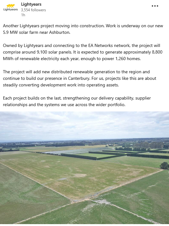 Poission51's tweet photo. Light years energy starts construction on its third Ashburton solar farm 5.9MW adjacent to the other 2 units near Tinwald bringing capacity to near 12MW.Embedded on EA Networks which has a strong summer demand. https://t.co/We1hCHaXHU