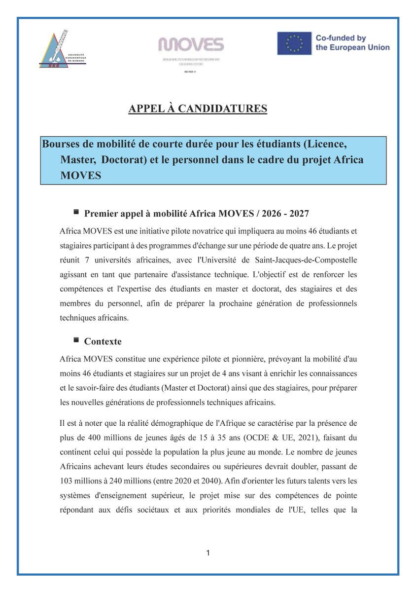 UsjpbB41647's tweet photo. APPEL À CANDIDATURES
Bourses de mobilité de courte durée pour les étudiants (Licence,Master, Doctorat) et le personnel dans le cadre du projet Africa MOVES https://t.co/Y4Rihp9aiv
