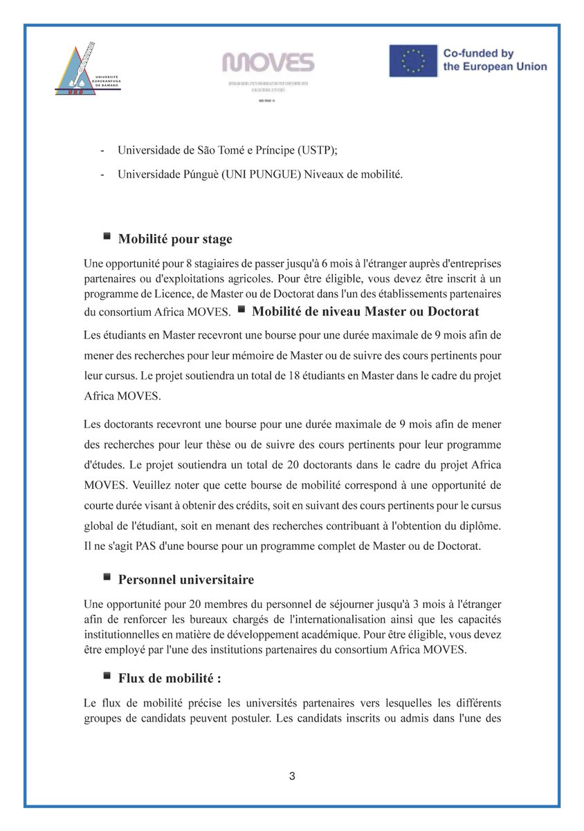 UsjpbB41647's tweet photo. APPEL À CANDIDATURES
Bourses de mobilité de courte durée pour les étudiants (Licence,Master, Doctorat) et le personnel dans le cadre du projet Africa MOVES https://t.co/Y4Rihp9aiv
