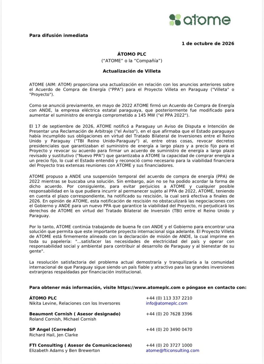 acostasamu's tweet photo. #ATOME notificó la rescisión de su contrato de compra de energía con la #ANDE para el proyecto Villeta, que contempla una inversión proyectada de US$ 665 millones en #Paraguay.
El acuerdo, firmado en mayo de 2022 y posteriormente ampliado, comprometía un suministro de 145 MW. La empresa señala que propuso suspenderlo temporalmente mientras buscaban una solución, pero no lograron acordar las condiciones.
La compañía también informó que el 17 de septiembre notificó a Paraguay un aviso de disputa e intención de presentar una reclamación de arbitraje. Alega que el Estado incumplió el tratado bilateral de inversiones con Reino Unido al revocar garantías de suministro eléctrico a largo plazo y precio fijo, así como el compromiso de suscribir un nuevo contrato.
Según #ATOME, esas condiciones son necesarias para la viabilidad financiera del proyecto.
