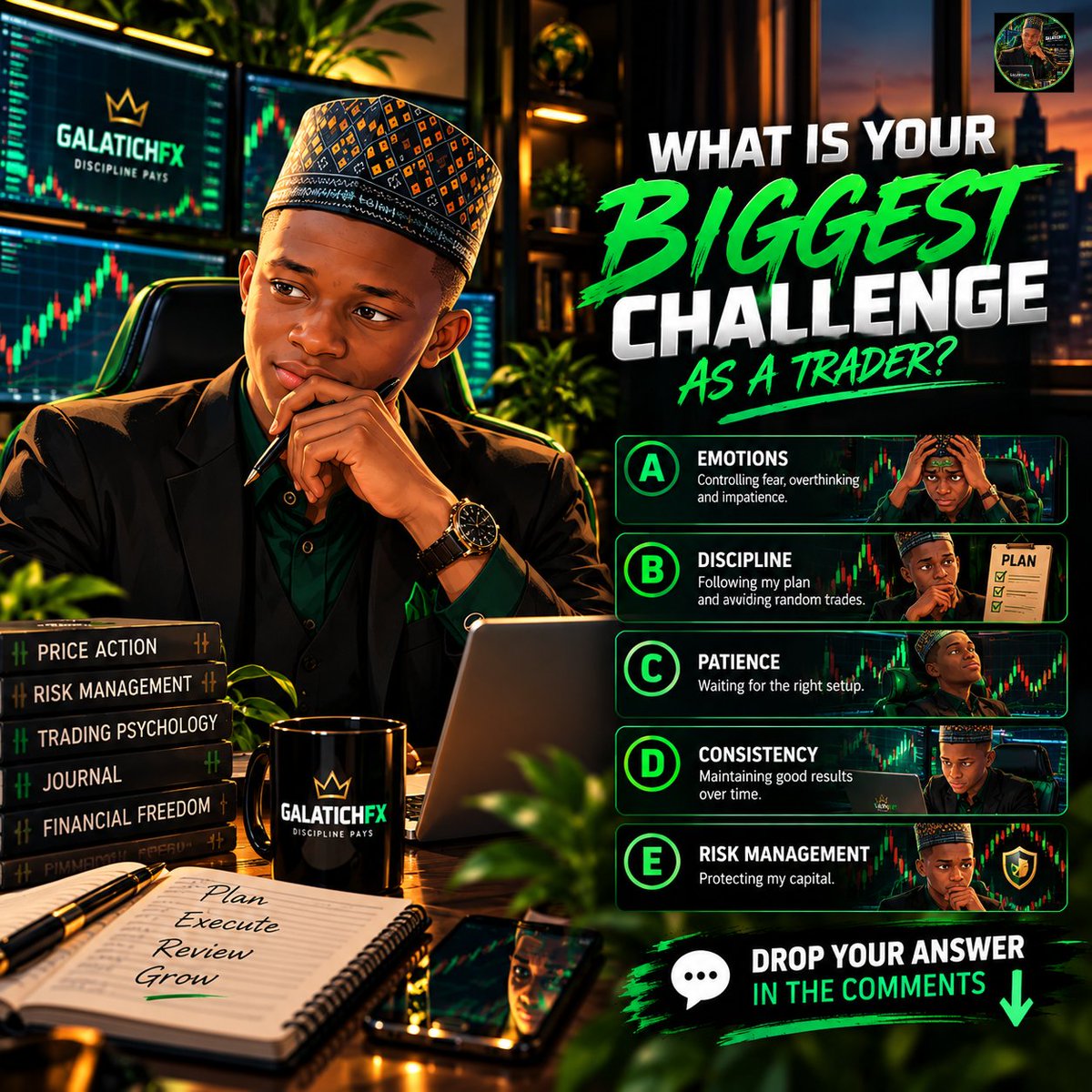 Galatichfx's tweet photo. What's your biggest challenge in trading: emotions, discipline, patience, consistency, or risk management?

Drop your answer below. 📈👇 https://t.co/7zOTzB83fR