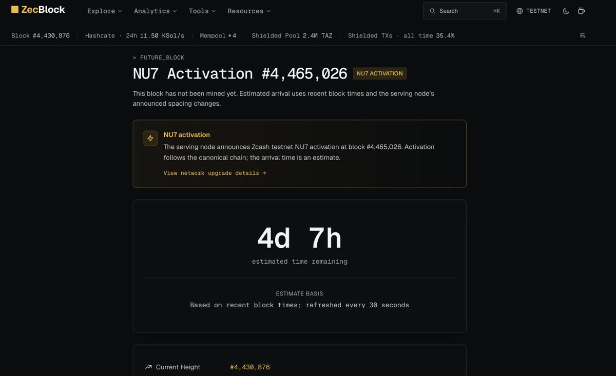 zecblock's tweet photo. Getting ready for NU7 on testnet 🌸 🫡 https://t.co/SwVRAEAbtd